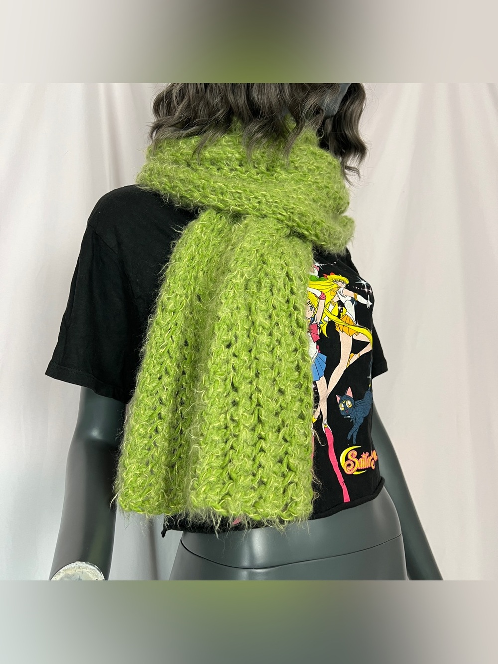 Chartreuse Green Fuzzy Open Knit Scarf
